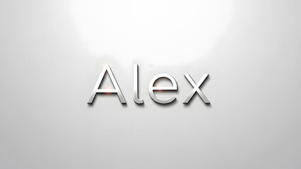 A clean and minimalist 3D metallic silver typography of the name Alex against a smooth grey background