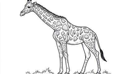 Giraffe drawing, profile view, grassy plain, educational resource