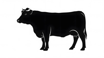 A minimalist black silhouette of an Angus cow standing on a plain white background