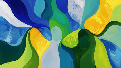 An abstract oil painting style with flowing shapes of blue green yellow and white colors