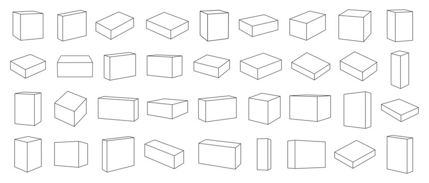 Set of 3D Rectangular Prisms and Cubes in Various Isometric Perspectives and Proportions