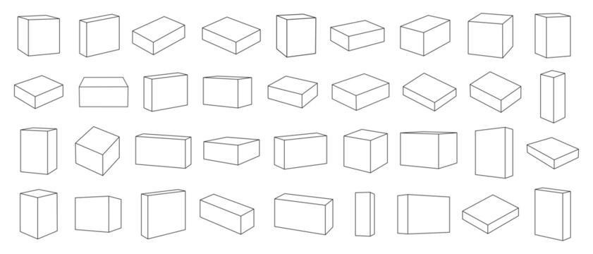 Set of 3D Rectangular Prisms and Cubes in Various Isometric Perspectives and Proportions