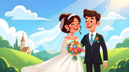 A joyful illustration of a bride and groom standing in a scenic outdoor wedding setting