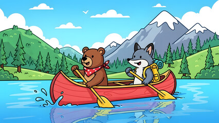 A cute cartoon bear and wolf paddling a red canoe on a mountain lake