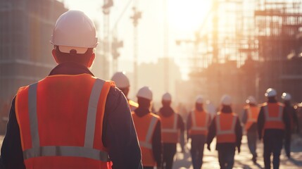 Construction workers on a job site at sunset.