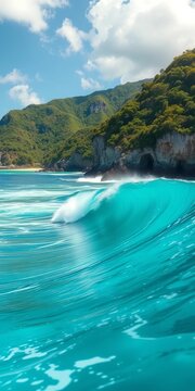 Iconic long left-hand wave rolls through pristine turquoise waters at a world-class surf destination,  ocean,  peru