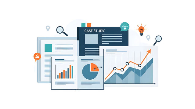 A flat design illustration representing data analysis and research reports