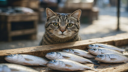 Curious tabby cat watching fresh fish at an outdoor market, natural daylight and rustic atmosphere.