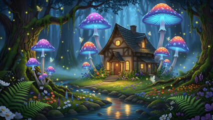 A magical cottage in a dark forest surrounded by giant glowing purple mushrooms and tiny fairies near a stream