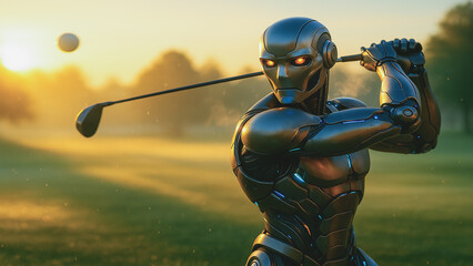 Futuristic humanoid robot swinging a golf club at sunrise, combining advanced robotics with professional sports.