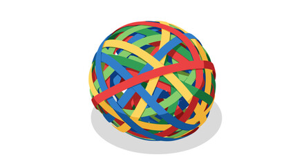 Obraz premium Vibrantly colored tangled yarn bundle isolated on a clean white background, showcasing an intricate weave of red, blue, green, and yellow strands forming a spherical