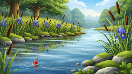 A colorful digital illustration of a calm river with a fishing bobber in the water surrounded by irises and cattails