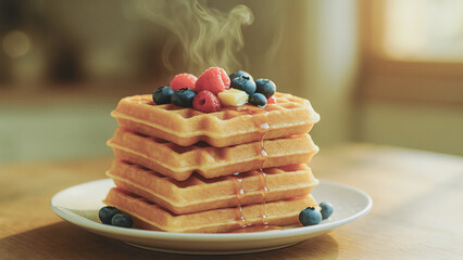 Golden waffles with raspberries and blueberries served warm with dripping honey and steam.