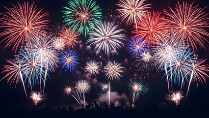 A spectacular display of multicolored fireworks exploding in the dark night sky over a silhouetted crowd of people celebrating