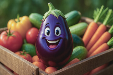 Happy eggplant mascot surrounded by carrots, tomatoes, and cucumbers, promoting organic nutrition for kids.