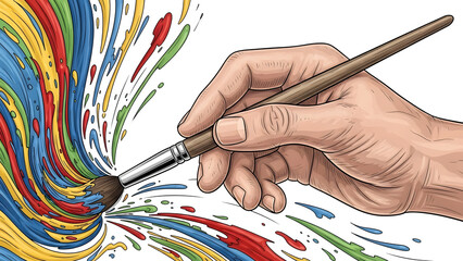 A detailed illustration of a hand holding a paintbrush creating vibrant swirls of blue red yellow and green paint