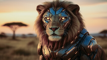 Robotic lion with metallic armor and illuminated circuits in natural savanna landscape, concept of AI and nature fusion.