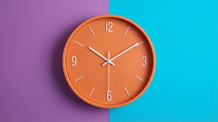 Vibrant orange clock on colorful purple and blue background
