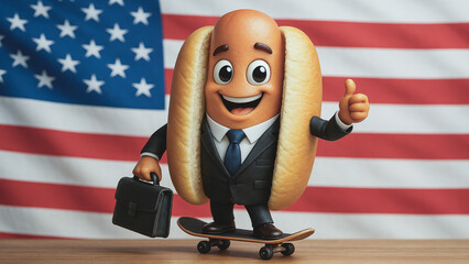 Smiling hot dog character in business suit riding a skateboard in front of the American flag, success and startup concept.