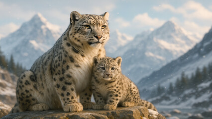 Wild snow leopard with her cub in alpine mountains, wildlife family in natural habitat.