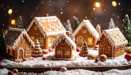 Several gingerbread houses with white frosting accents sit on a snowy surface amid holiday decorations