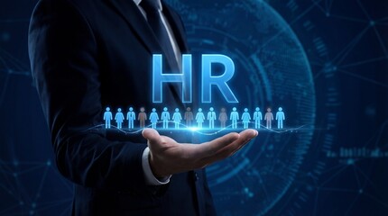 HR professional presenting human resources concept with glowing blue icons