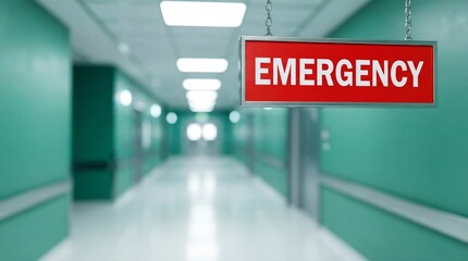 Emergency sign in a hospital corridor with green walls