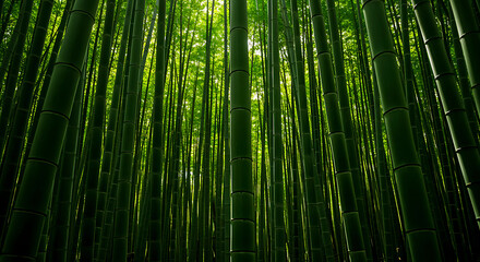 Fototapeta premium Green bamboo forest with sunlight filtering through trees