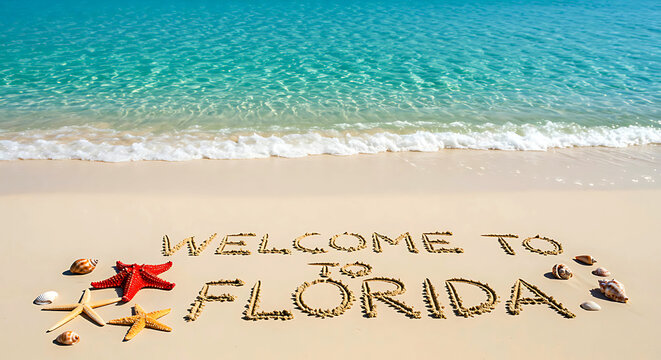 Welcome to Florida beach with starfish and seashells