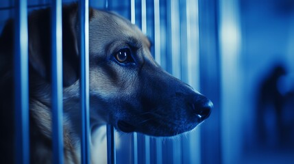Thoughtful dog waiting in shelter enclosure.