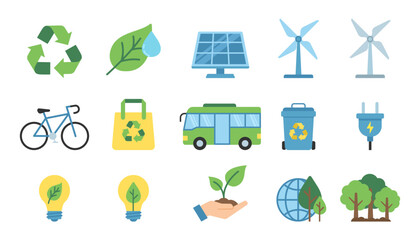 Ecology and Renewable Green Energy Icon Set, Flat Vector Illustration of Sustainability, Recycling, and Environmental Protection