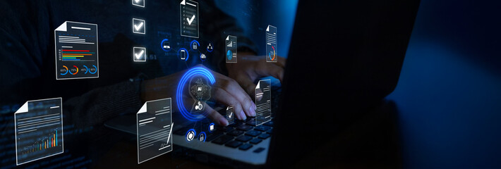 Document management concept, check electronic documents on digital documents on virtual screen Document Management System and process automation to efficiently document paperless operate