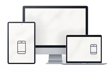 Responsive design across multiple digital devices including desktop, tablet, and laptop