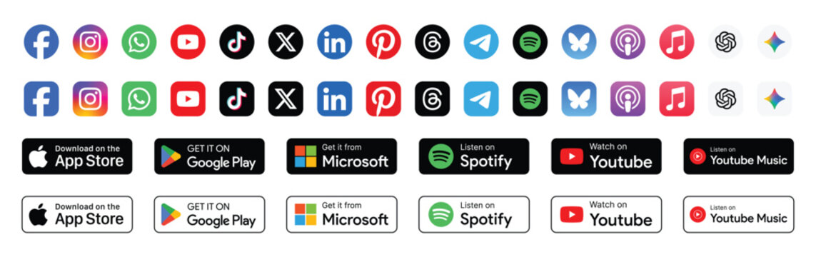 social media logo icons set app store google play spotify youtube microsoft download buttons