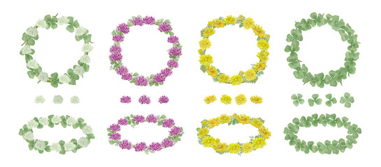 春の花の輪,花冠Watercolor spring wildflower wreath and frame set. Hand-painted white clover, milk vetch, and dandelion floral crowns.High quality-300dpi-