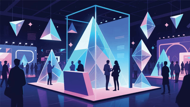Illustration Of Prism And Triangle Shaped Stands, Holograms Decorate The Atmosphere, Polygon Visitors Enjoy The Lively Futuristic Atmosphere Vector Design Template