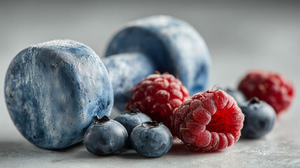 Blue berrys and strawberrys is on the white table  with small blue dumbbell , white background.