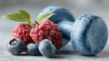 2 strawberrys and blue dumbbell put on the white background , close up shot.
