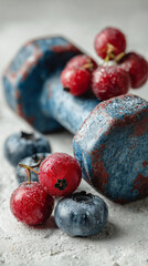 Mini strawberrys put on the white table with a blue dumbbell , healthy food image.