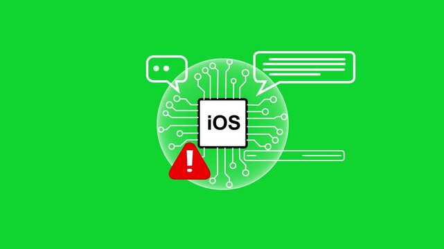 Looping animation of an iOS chip on a circuit board, with chat bubbles and a red warning triangle, symbolizing a software error or communication issue on a bright green background for tech problems.