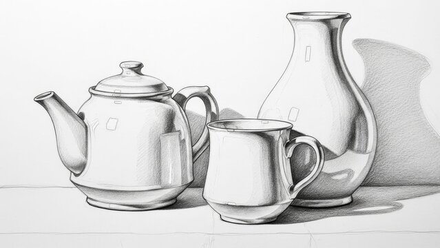 Pencil Drawing Still Life: Teapot, Mug, and Vase with Shadows