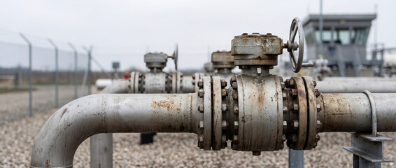 Industrial Gas Pipeline Valve with Steel Pipes, Energy Infrastructure Concept