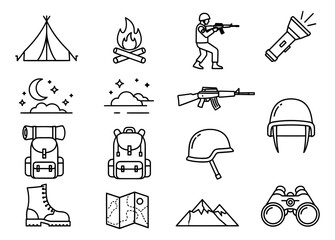 Fototapeta premium Line art outdoor adventure and survival icons set featuring camping gear, military equipment, and nature elements for various themes