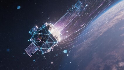Satellite in orbit, digital network trails