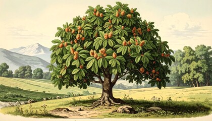 A picturesque scene featuring a large tree in a sunlit field with mountains