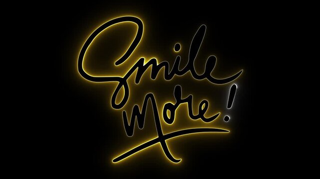 Neon sign glow. Smile more quote. Hand lettered art. Motivational text. Yellow neon light. Positive vibes fb. Animated typography. Dark background hq. Inspiring message. Glowing cursive art.
