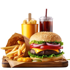 Hamburger with cheese served alongside crispy fries and a refreshing cola isolated on a white background for a fast food meal concept