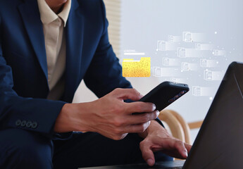 Document management system concept. Document management information system icon on the hand. organize, and manage digital documents. Centralized repository for storage, and distribution. © Chor muang