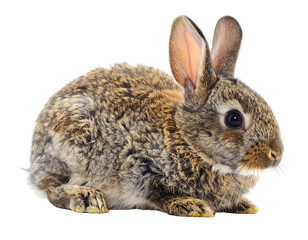 Fototapeta premium A fluffy brown rabbit with large ears and bright eyes sits attentively
