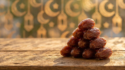 Fototapeta premium Sweet dates fruit on wooden surface with beautiful Islamic pattern background for Ramadan.